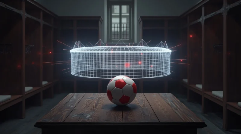 Grafica digitale con ologramma dello stadio, analisi IA sul futuro del Monza.