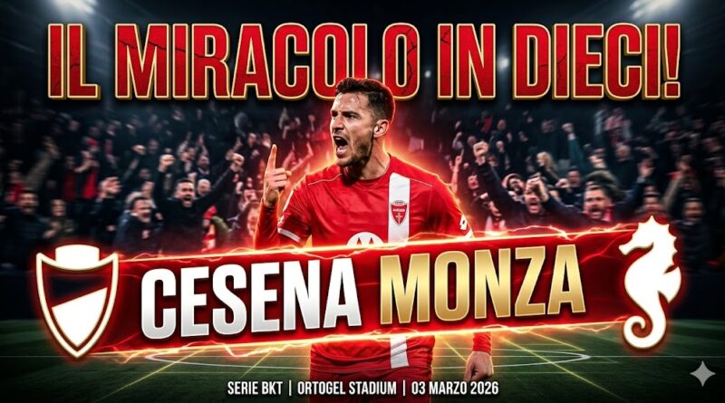 Immagine per la vittoria del Monza per 3-1 a Cesena: Petagna segna il gol decisivo in dieci uomini.