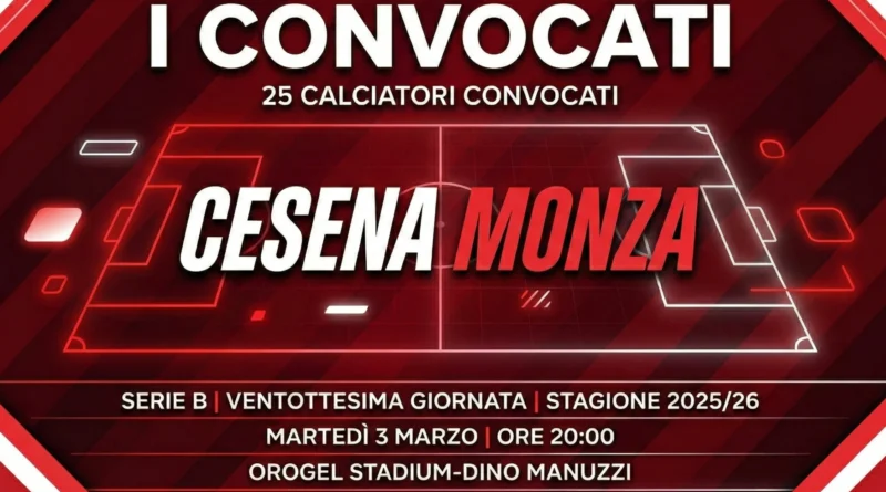 Grafica orizzontale dei Convocati Cesena Monza per il match di Serie B: elenco dei 25 giocatori scelti da mister Bianco.